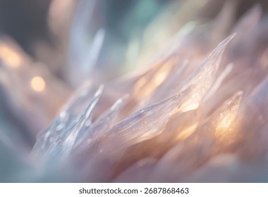 A soft-focus macro shot of delicate, translucent, and abstract forms. The image features a blend of pastel colors, including soft blues, pinks, and warm golden highlights, creating an ethereal and gen