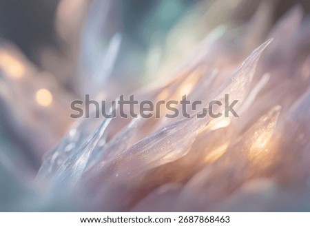 A soft-focus macro shot of delicate, translucent, and abstract forms. The image features a blend of pastel colors, including soft blues, pinks, and warm golden highlights, creating an ethereal and gen