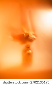 Soft-focused maple leaf glowing in warm orange light, creating a dreamy, ethereal autumn backdrop with diffused bokeh and serene, painterly fall mood