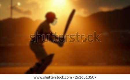 A softly blurred image of a cricketer preparing to bat under a vibrant sunset sky in a dramatic outdoor stadium setting