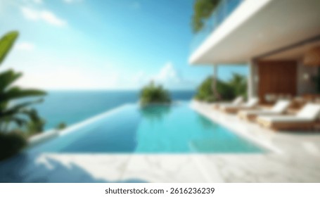 A softly blurred image of an infinity pool overlooking the ocean, surrounded by modern luxury architecture and tropical plants under a blue sky