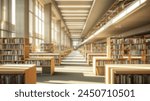 A softly blurred image of a library interior, featuring rows of bookshelves, reading tables, and a peaceful study atmosphere. A library with blurred outline. Resplendent.