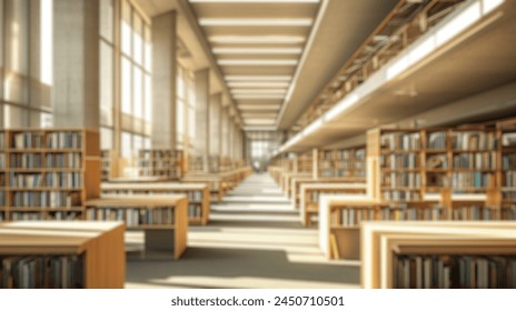 A softly blurred image of a library interior, featuring rows of bookshelves, reading tables, and a peaceful study atmosphere. A library with blurred outline. Resplendent. - Powered by Shutterstock