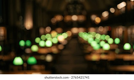 A softly blurred image of a library interior, featuring rows of green desk lamps casting a warm glow and creating a beautiful bokeh effect.