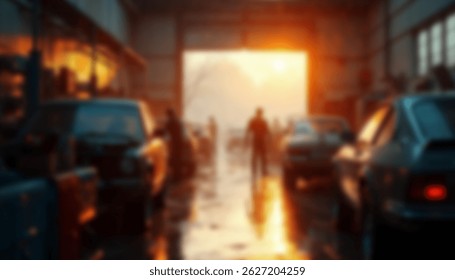 A softly blurred image of a workshop at sunset with silhouettes of people and cars bathed in warm golden light