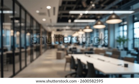 A softly blurred office interior with large windows showcasing a stunning urban city view at sunset. Featuring elegant wooden desks, lush green plants, and warm lighting, creating a modern.