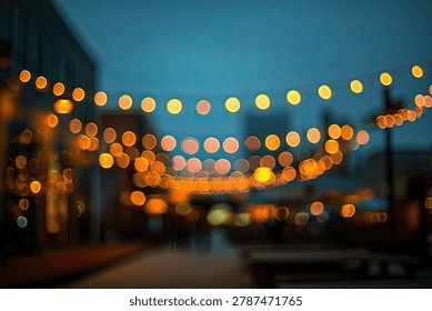 Softly blurred string lights create a magical bokeh effect on a street at dusk, with warm orange glows against a deep blue sky.