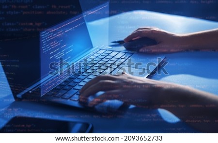 Software apps developer and IT revolution.Digital software development. Programmer working on javascript computer code with  virtual  screen. Programming code technology.