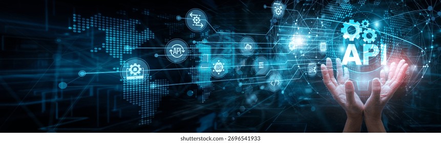 Software architect holding global network and API integration, endpoints data exchange automation, microservices development, connectivity platform communication system access.
