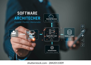 Software architecture concept showing users, frontend, application layer, database, external services and cloud infrastructure connected in a scalable system for modern software development and integration.