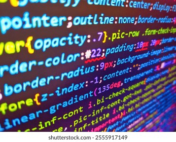 Software background. Web dewelopment. Computer html code on screen. Datacenter backup. Abstract background for search job. Code text written and created. Css with web development. Blue color.