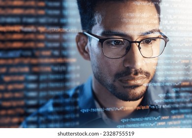 Software, coding hologram and man in data analytics, information technology overlay or html at night. Programmer or IT person in glasses reading website script, programming and cybersecurity research