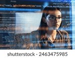 Software, coding hologram and woman in data analytics, information technology and gdpr overlay. Programmer or IT person in glasses reading script, programming and cybersecurity research on computer