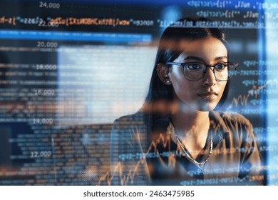 Software, coding hologram and woman in data analytics, information technology and gdpr overlay. Programmer or IT person in glasses reading script, programming and cybersecurity research on computer
