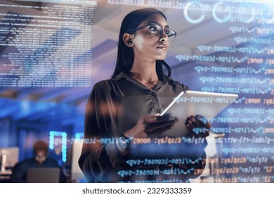 Software, coding hologram and woman on tablet thinking of data analytics, digital technology and night overlay. Programmer or IT person in glasses on 3d screen, programming and cybersecurity research