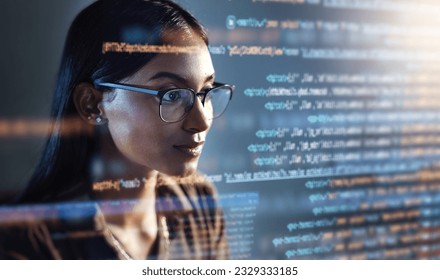 Software, data hologram and woman with code analytics, information technology and gdpr overlay. Programmer coding or IT person in glasses reading html script, programming and cyber security research - Shutterstock ID 2329333185
