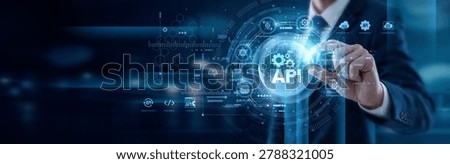 Software developer carefully hand hold global API network integration frameworks linking diverse applications. Efficient data exchange powers modern digital services and software ecosystems.