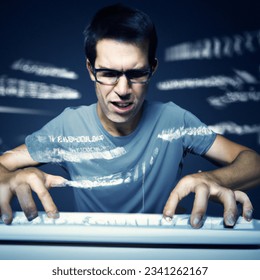 a software developer chatting while typing furiously into their keyboard