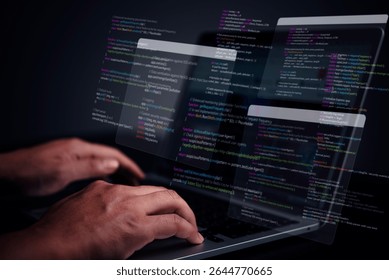 Software developer coding, digital security, data protection. Cybersecurity expert programming language, code overlay. Network defense, future technology, secure data, IT infrastructure.