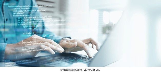 Software developer coding on a laptop with source code overlay, representing programming, software engineering, web development, and digital technology innovation.