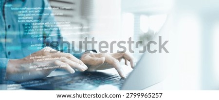 Software developer coding on a laptop with source code overlay, representing programming, software engineering, web development, and digital technology innovation.