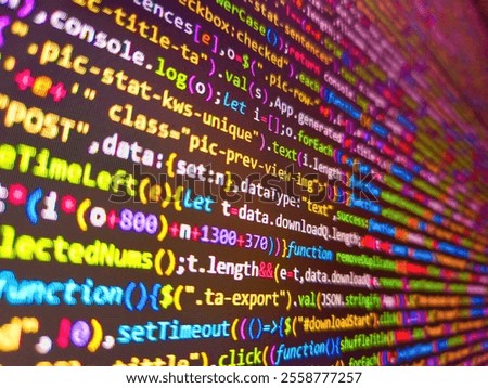 Software developer coding screen. Alphabet made of colorful wooden letters. Abstract background of digital binary code of software. Code background. Sale  tagcloud. Software source code.