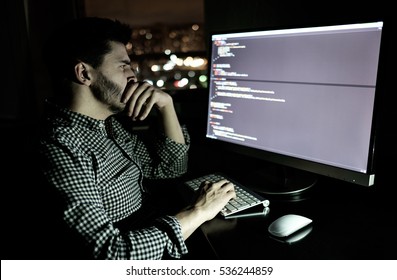 Software Developer Computer At Dark Home Office. Startup And Hard Working Concept