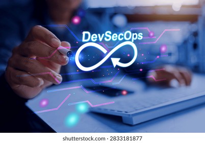 Software developer dev sec ops concept with programmer developing and operations the technology to applied in data analysis