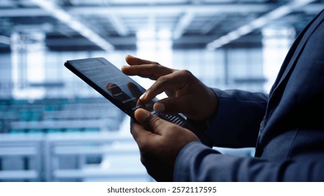 Software developer does yearly checkup using tablet to prolong data center electronics life span. Close up shot of worker in server room monitoring server infrastructure using digital device, camera B