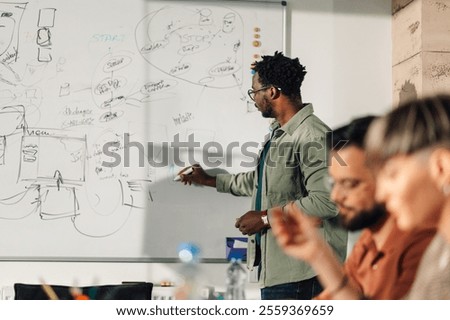 Software developer drawing a diagram of software architecture on whiteboard, explaining the project to his coworkers during a presentation in a modern office