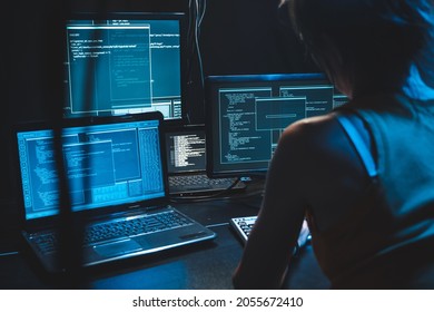 Software Developer Freelancer Woman Female  Work With Program Code On Computer Wide Displays At Night Develops New Mobile Application Coder Work Software Program Programmer At Night, Visualizing Data