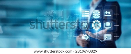 Software developer holding a code link in hand. API connects global applications and software systems seamlessly. Modern data exchange links cloud architecture together.
