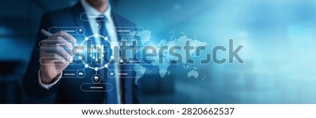 Software developer observing glowing screens pointing towards API integrations across the global network database. Advanced programming interfaces optimize seamless data transmissions.