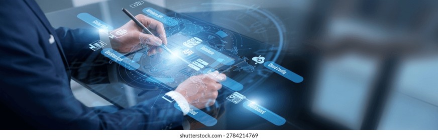 Software developer point of API integration. Developer using tablet building secure backend services through the cloud network. Connecting complex digital systems and transferring data.