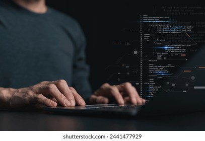 Software developer or programmer coding program with laptop. Data engineering Intelligence innovation. Computer programming, development software engineer or architecture, digital data tech management