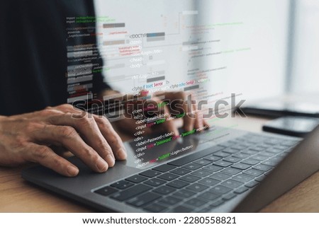 Software developer or programmer coding program with laptop. Create Intelligence innovation. Computer programming, development software engineer and architecture, digital data technology management