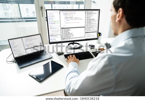 Software Developer Programmer Working On Computer Stock Photo ...