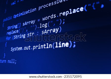 Software developer programming code. Abstract computer script  code.  Selective focus. Blue color.   Vignette light and dark shadow dramatic effect.  