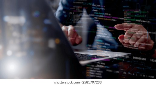 Software IT developer programming code binary data digital technology computer screen coding language dark background software development cybersecurity tech work hands typing - Powered by Shutterstock - Get 15% off with code: PIKWIZARD15