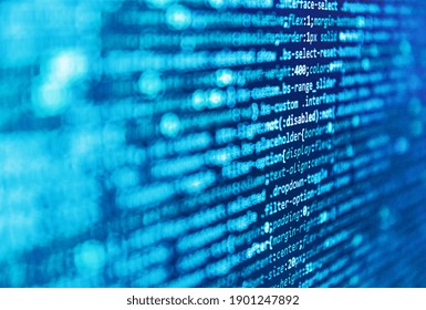 Software developer programming code on computer monitor. Concept screen of experienced web developer. Abstract information digital technology modern background. 