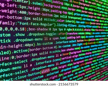 Software Developer Programming Code On Computer. Big Data Storage And Cloud Computing Representation. Programming Code Abstract Screen Of Software Developer. Database Bits Access Stream Visualisation