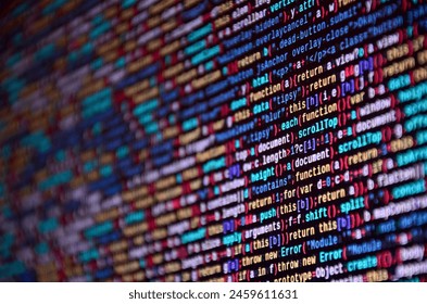 Software developer programming code on computer. Abstract computer script source code. Shallow depth of field, selective focus effect