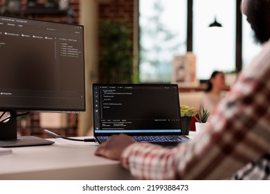 Software Developer Programming Firewall Security On Multiple Monitors, Learning New User Interface. Developing Application Cloud Server With Binary Code And Html Script On Terminal Window.