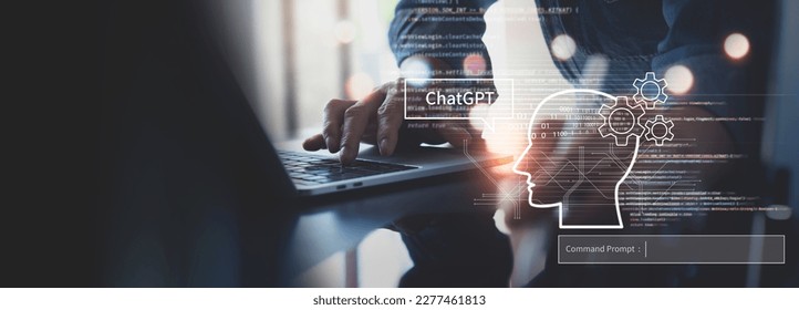 Software developer, prompt engineer, computer programmer coding on laptop using AI ChatGPT machine learning with javascript and command prompt bar on virtual screen, AI chatbot - Powered by Shutterstock - Get 15% off with code: PIKWIZARD15