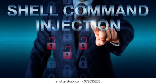 Software Developer Pushing SHELL COMMAND INJECTION Onscreen. Three Opened Lock Icons Light Up In A Code Matrix To Signify A Loss Of Data Confidentiality And Unauthorized Access By A Remote Attacker. 