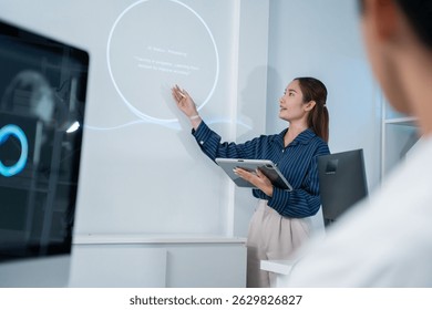 software developer talk strategy plan to executive write prompt AI bot IT app program data analytics in tech startup office.Projected visuals and glowing code on screen.AI chatbot technology concept