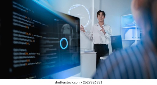 software developer talk strategy plan to executive write prompt AI bot IT app program data analytics in tech startup office.Projected visuals and glowing code on screen.AI chatbot technology concept
