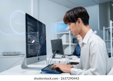 software developer talk strategy plan to executive write prompt AI bot IT app program data analytics in tech startup office.Projected visuals and glowing code on screen.AI chatbot technology concept