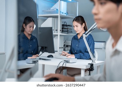 software developer talk strategy plan to executive write prompt AI bot IT app program data analytics in tech startup office.Projected visuals and glowing code on screen.AI chatbot technology concept