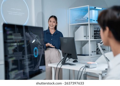 software developer talk strategy plan to executive write prompt AI bot IT app program data analytics in tech startup office.Projected visuals and glowing code on screen.AI chatbot technology concept